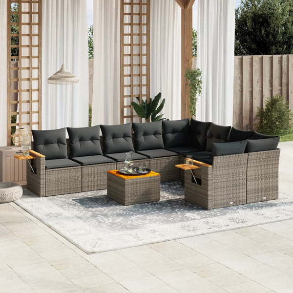 10-tlg. Garten-Sofagarnitur mit Kissen Grau Poly Rattan