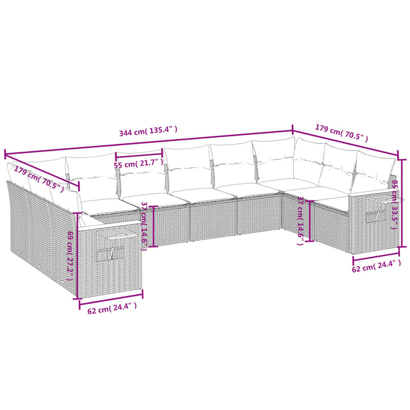 10-tlg. Garten-Sofagarnitur mit Kissen Schwarz Poly Rattan