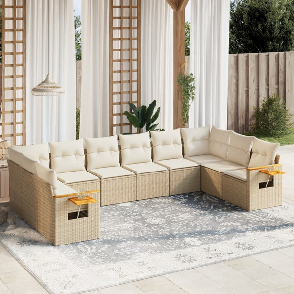 10-tlg. Garten-Sofagarnitur mit Kissen Beige Poly Rattan