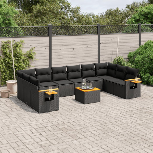 11-tlg. Garten-Sofagarnitur mit Kissen Schwarz Poly Rattan