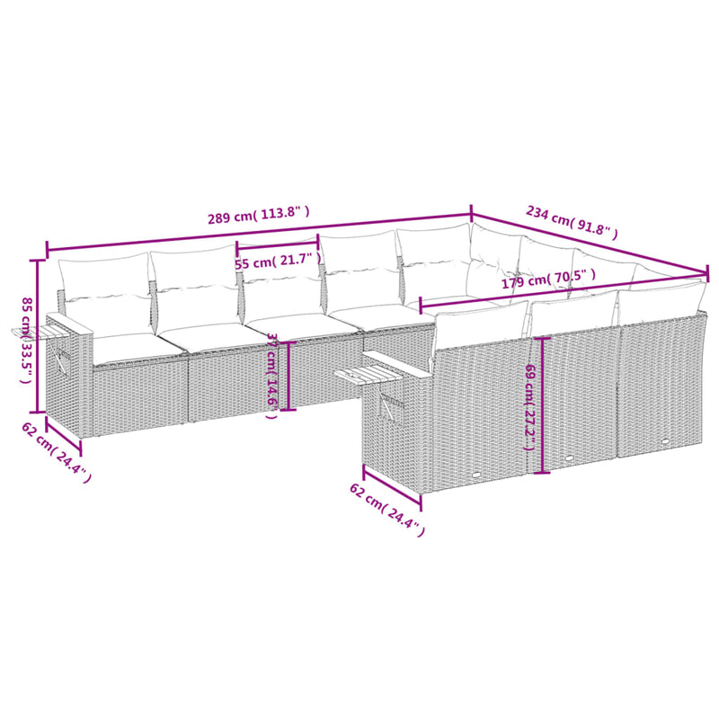 10-tlg. Garten-Sofagarnitur mit Kissen Schwarz Poly Rattan