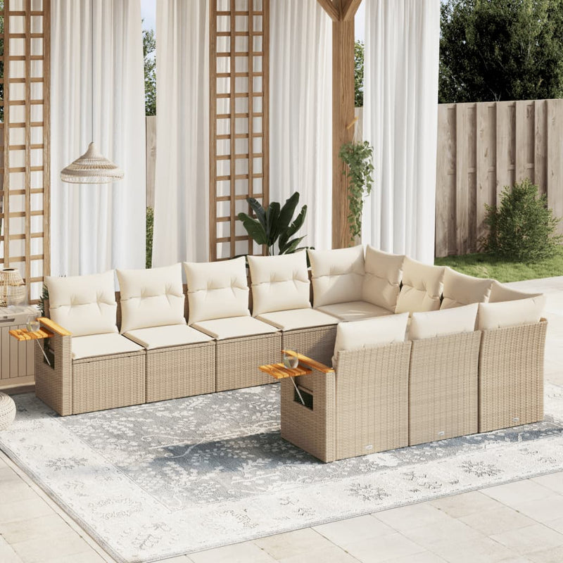 10-tlg. Garten-Sofagarnitur mit Kissen Beige Poly Rattan