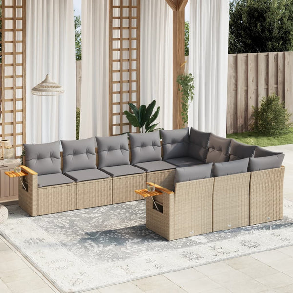 10-tlg. Garten-Sofagarnitur mit Kissen Beige Poly Rattan