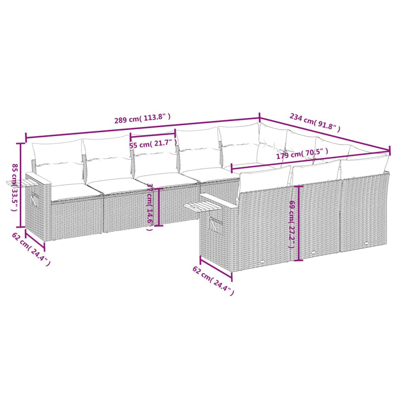 10-tlg. Garten-Sofagarnitur mit Kissen Grau Poly Rattan