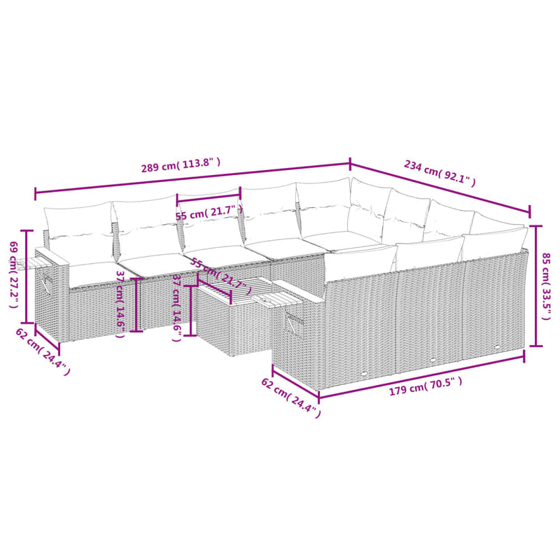 11-tlg. Garten-Sofagarnitur mit Kissen Beige Poly Rattan