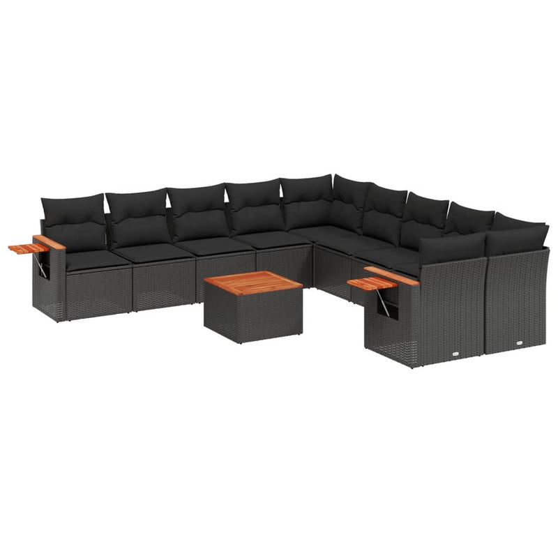 11-tlg. Garten-Sofagarnitur mit Kissen Schwarz Poly Rattan