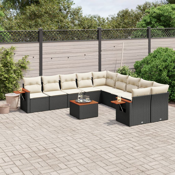 11-tlg. Garten-Sofagarnitur mit Kissen Schwarz Poly Rattan