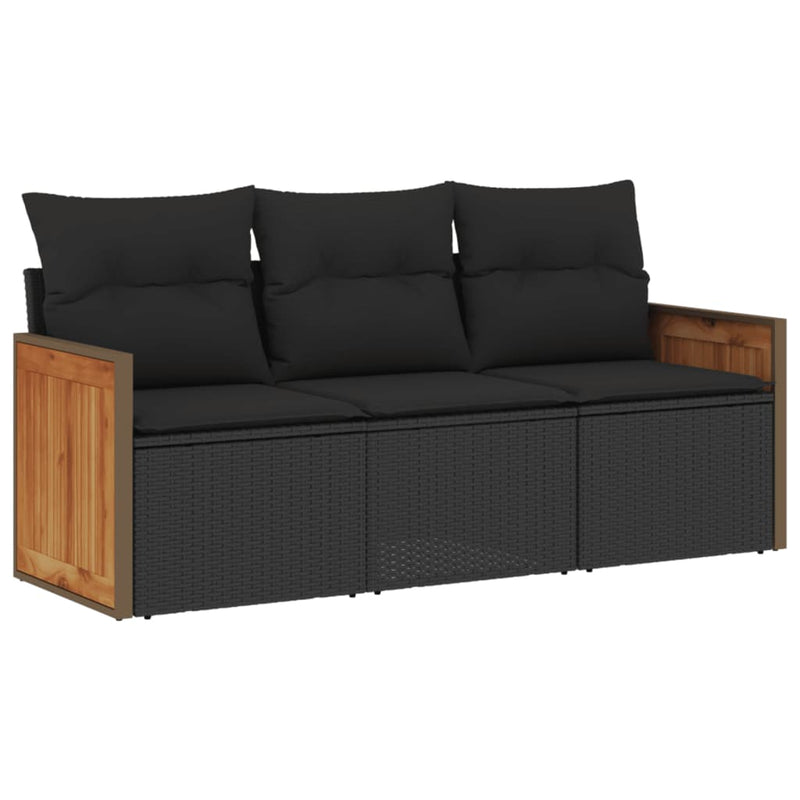 3-tlg. Garten-Sofagarnitur mit Kissen Schwarz Poly Rattan