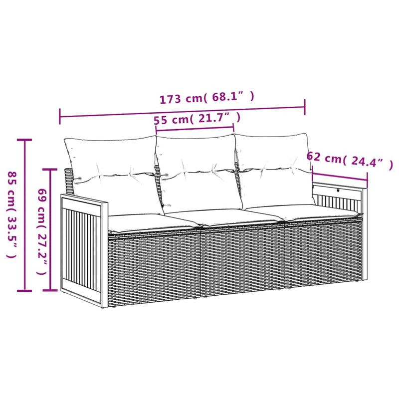 3-tlg. Garten-Sofagarnitur mit Kissen Grau Poly Rattan