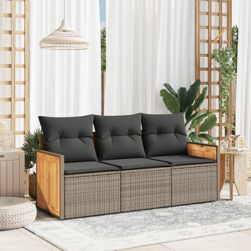 3-tlg. Garten-Sofagarnitur mit Kissen Grau Poly Rattan