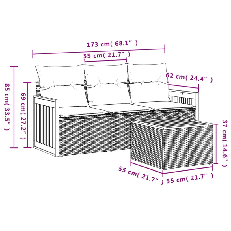 4-tlg. Garten-Sofagarnitur mit Kissen Schwarz Poly Rattan