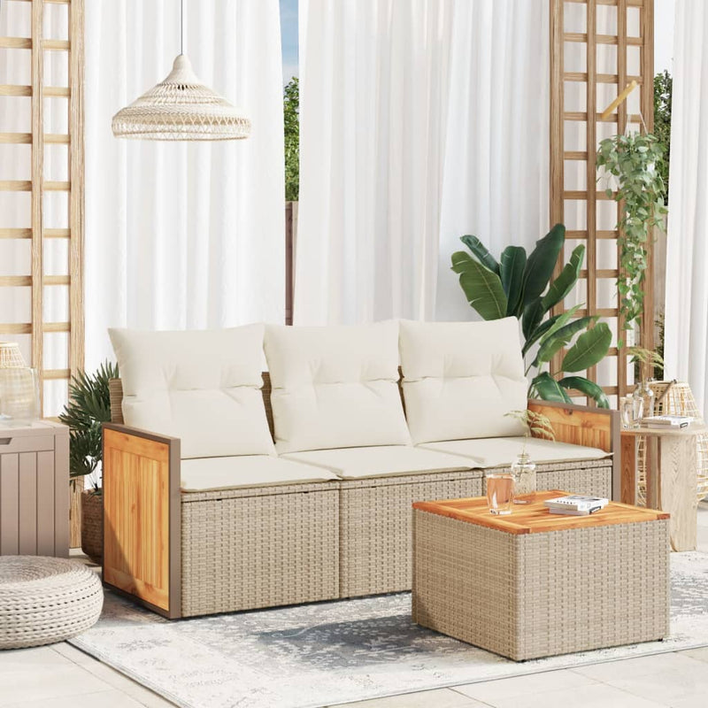 4-tlg. Garten-Sofagarnitur mit Kissen Beige Poly Rattan