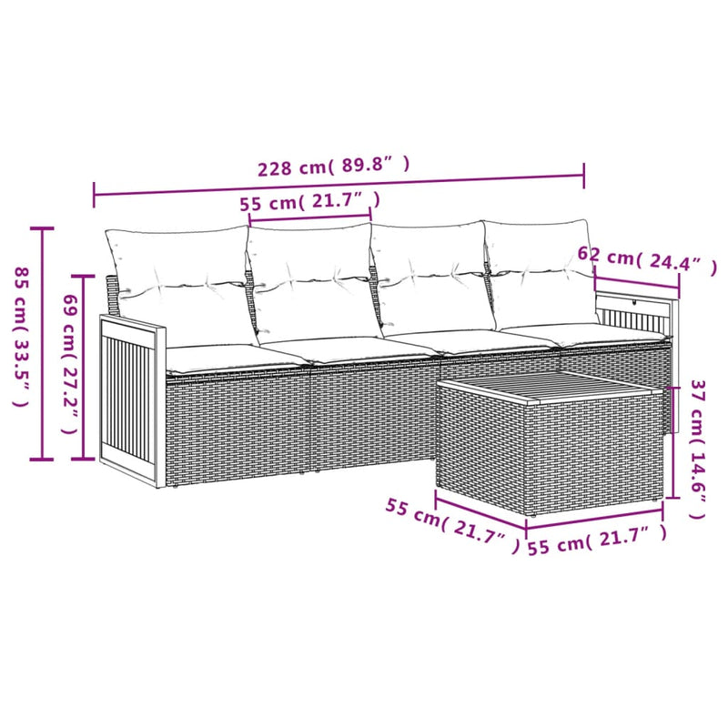 5-tlg. Garten-Sofagarnitur mit Kissen Grau Poly Rattan