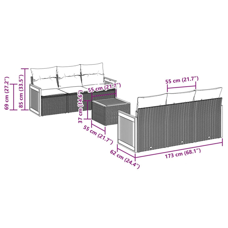 7-tlg. Garten-Sofagarnitur mit Kissen Grau Poly Rattan