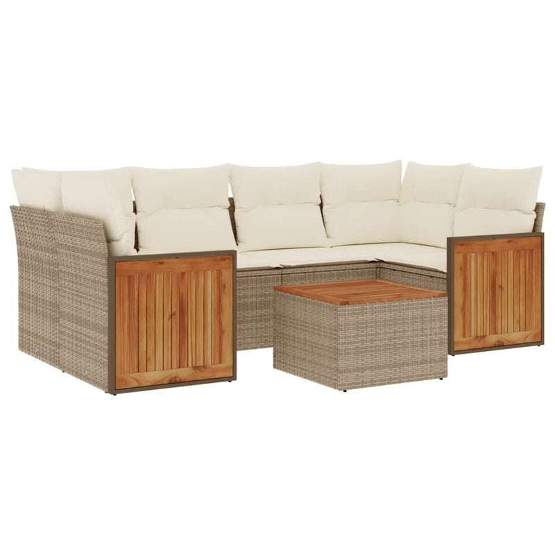 7-tlg. Garten-Sofagarnitur mit Kissen Beige Poly Rattan