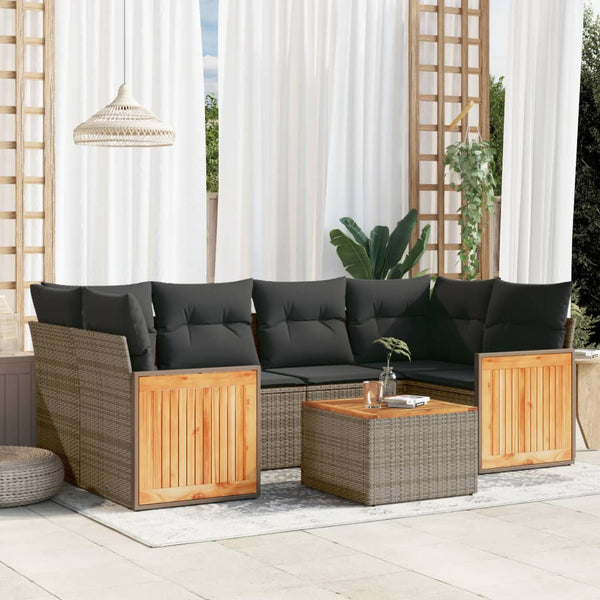 7-tlg. Garten-Sofagarnitur mit Kissen Grau Poly Rattan