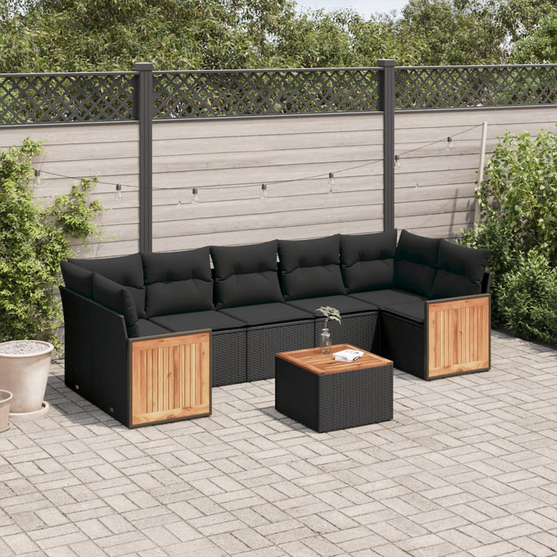 8-tlg. Garten-Sofagarnitur mit Kissen Schwarz Poly Rattan