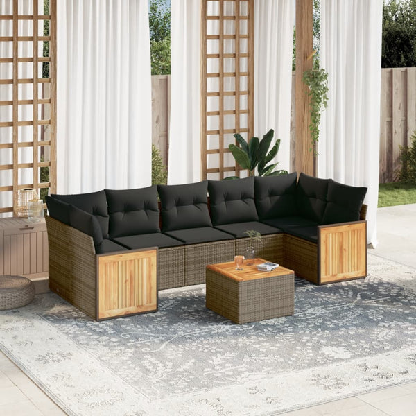 8-tlg. Garten-Sofagarnitur mit Kissen Grau Poly Rattan