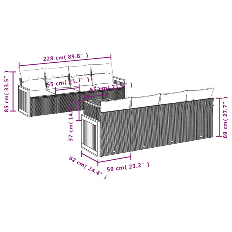 9-tlg. Garten-Sofagarnitur mit Kissen Schwarz Poly Rattan