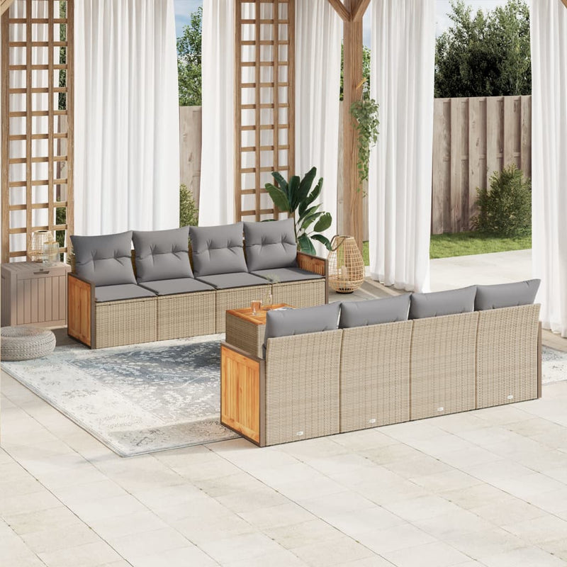 9-tlg. Garten-Sofagarnitur mit Kissen Beige Poly Rattan