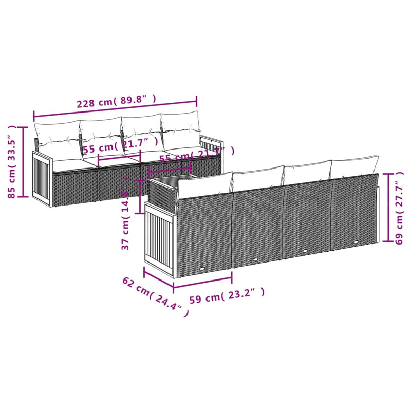 9-tlg. Garten-Sofagarnitur mit Kissen Grau Poly Rattan