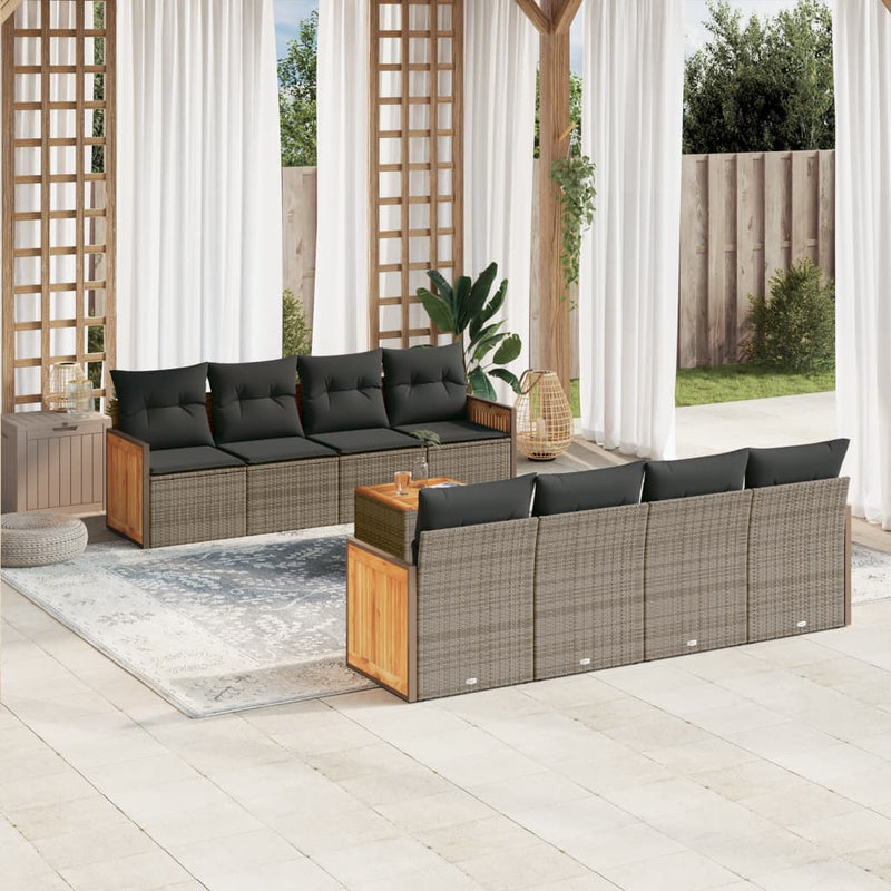 9-tlg. Garten-Sofagarnitur mit Kissen Grau Poly Rattan