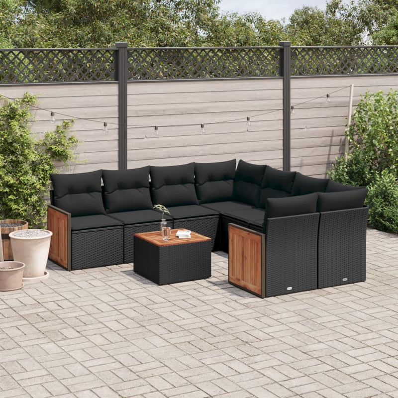 9-tlg. Garten-Sofagarnitur mit Kissen Schwarz Poly Rattan