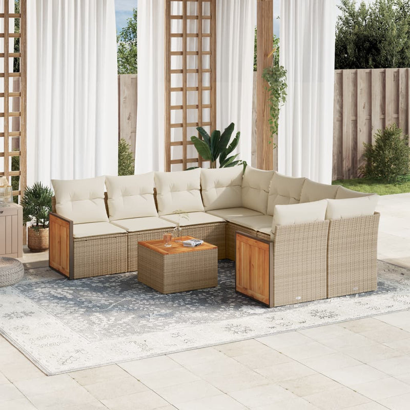 9-tlg. Garten-Sofagarnitur mit Kissen Beige Poly Rattan