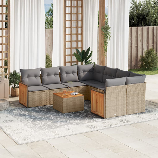 9-tlg. Garten-Sofagarnitur mit Kissen Beige Poly Rattan