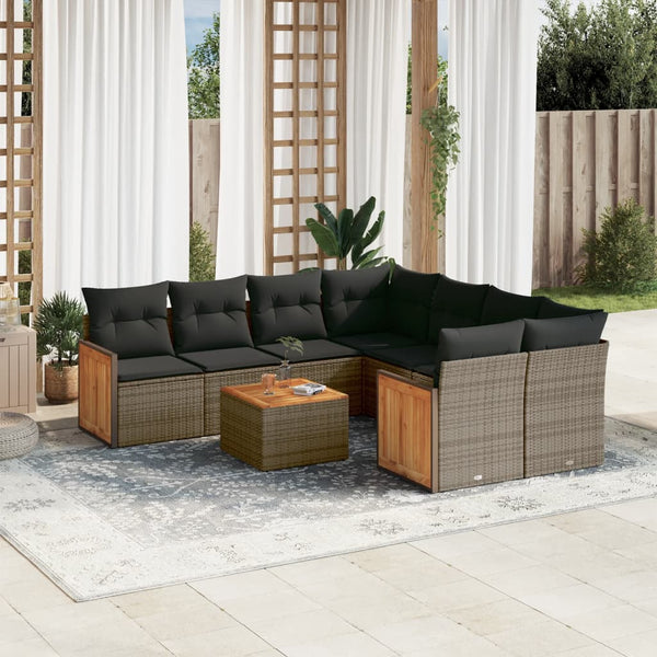 9-tlg. Garten-Sofagarnitur mit Kissen Grau Poly Rattan