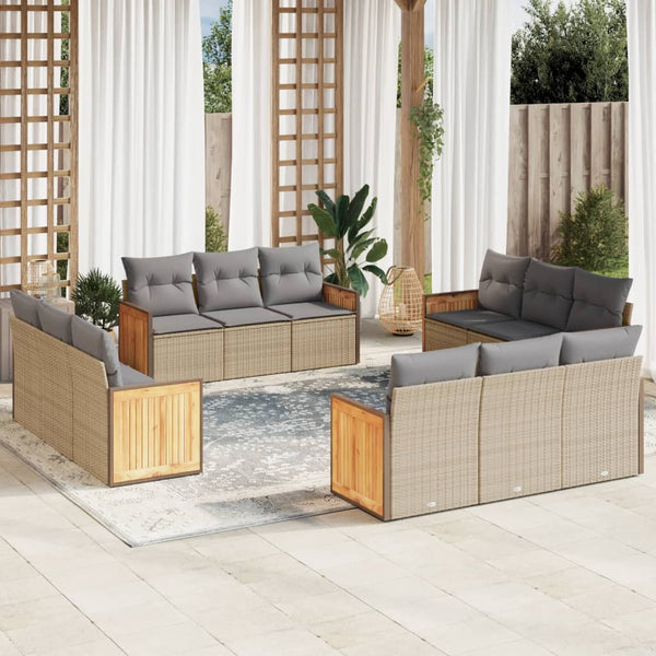 12-tlg. Garten-Sofagarnitur mit Kissen Beige Poly Rattan