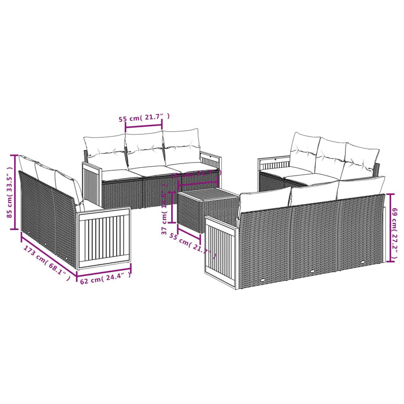 13-tlg. Garten-Sofagarnitur mit Kissen Schwarz Poly Rattan