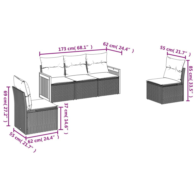 5-tlg. Garten-Sofagarnitur mit Kissen Schwarz Poly Rattan