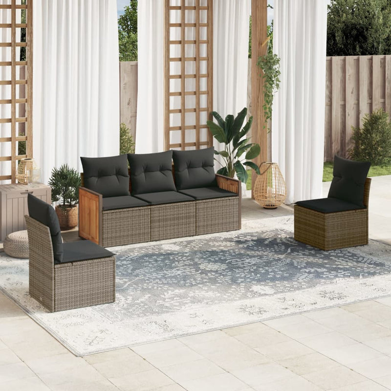 5-tlg. Garten-Sofagarnitur mit Kissen Grau Poly Rattan