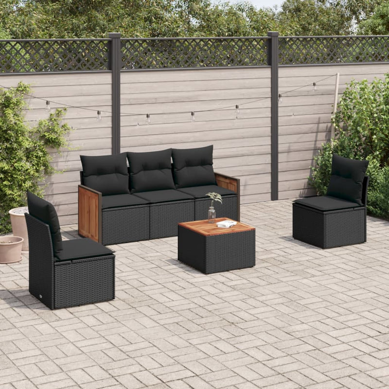 6-tlg. Garten-Sofagarnitur mit Kissen Schwarz Poly Rattan