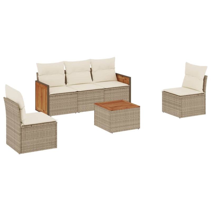 6-tlg. Garten-Sofagarnitur mit Kissen Beige Poly Rattan