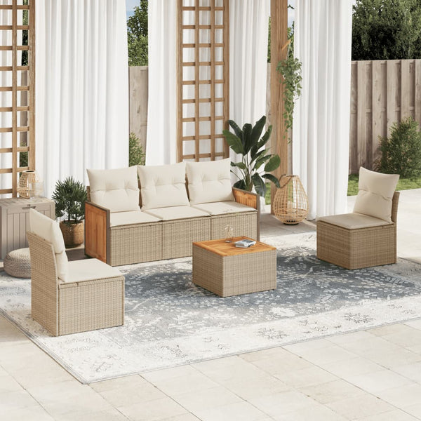 6-tlg. Garten-Sofagarnitur mit Kissen Beige Poly Rattan