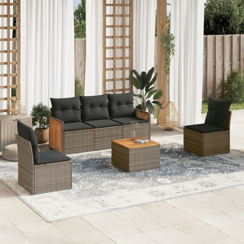 6-tlg. Garten-Sofagarnitur mit Kissen Grau Poly Rattan