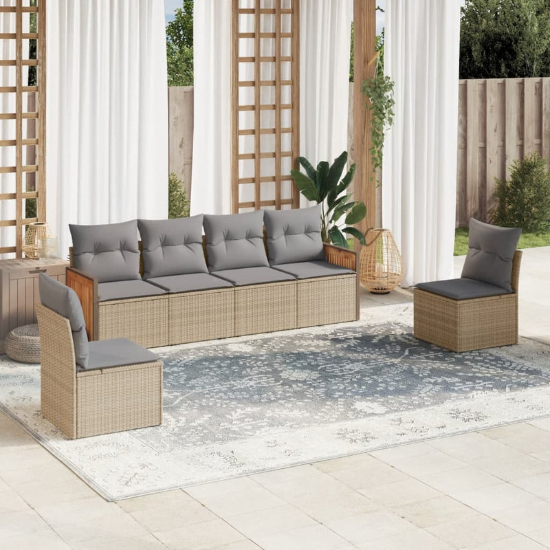 6-tlg. Garten-Sofagarnitur mit Kissen Beige Poly Rattan