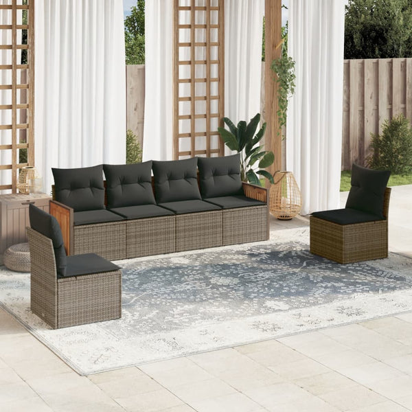 6-tlg. Garten-Sofagarnitur mit Kissen Grau Poly Rattan