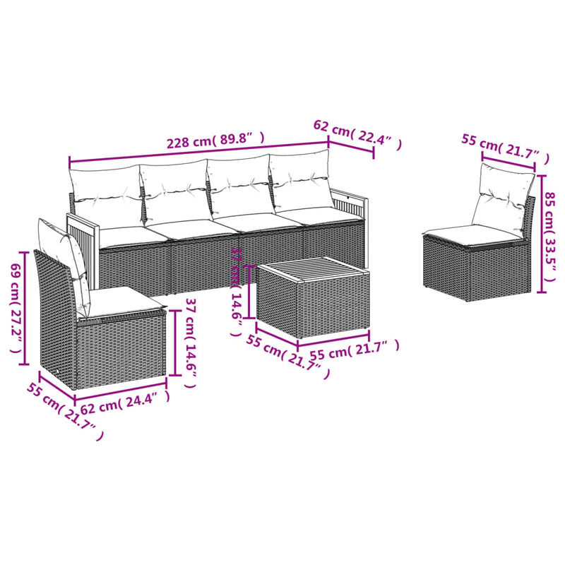 7-tlg. Garten-Sofagarnitur mit Kissen Schwarz Poly Rattan