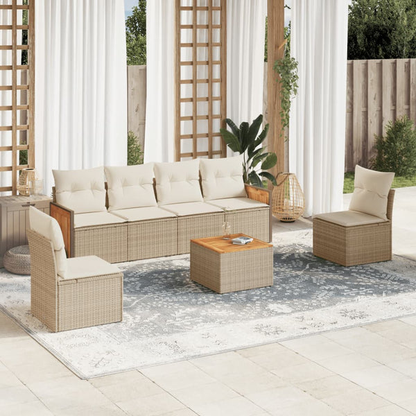 7-tlg. Garten-Sofagarnitur mit Kissen Beige Poly Rattan