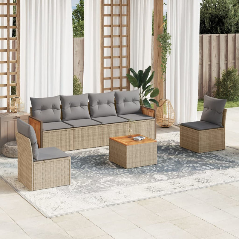 7-tlg. Garten-Sofagarnitur mit Kissen Beige Poly Rattan