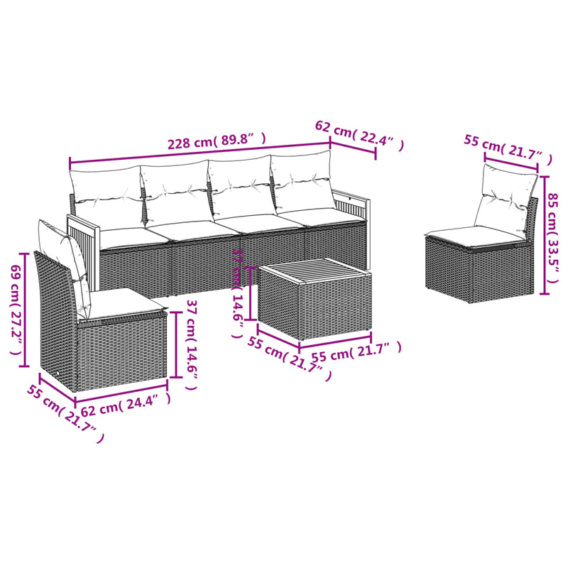 7-tlg. Garten-Sofagarnitur mit Kissen Grau Poly Rattan