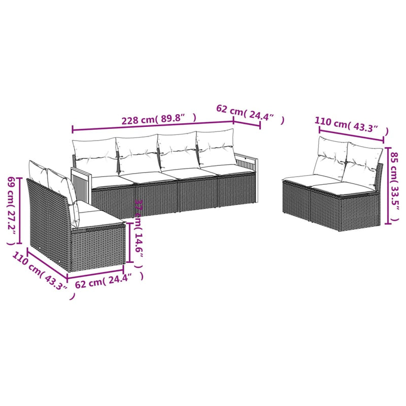 8-tlg. Garten-Sofagarnitur mit Kissen Grau Poly Rattan