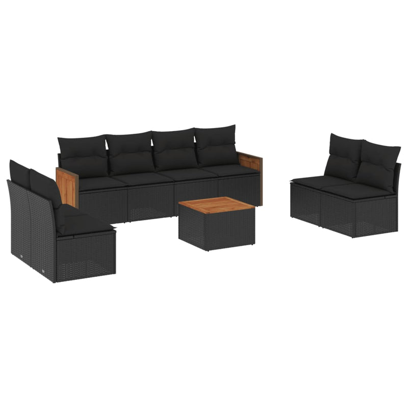 9-tlg. Garten-Sofagarnitur mit Kissen Schwarz Poly Rattan