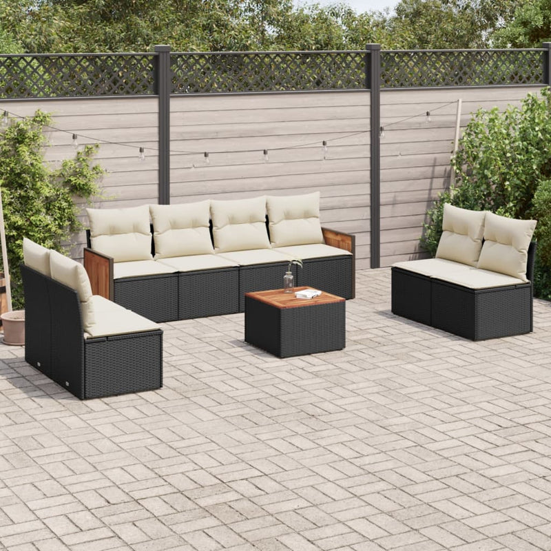 9-tlg. Garten-Sofagarnitur mit Kissen Schwarz Poly Rattan