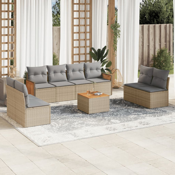 9-tlg. Garten-Sofagarnitur mit Kissen Beige Poly Rattan