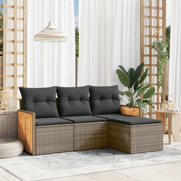 4-tlg. Garten-Sofagarnitur mit Kissen Grau Poly Rattan