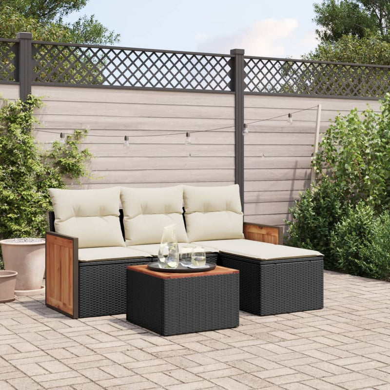 5-tlg. Garten-Sofagarnitur mit Kissen Schwarz Poly Rattan